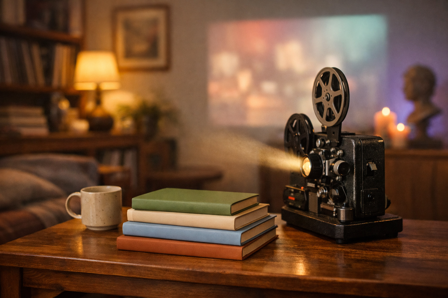 Książki i projektor filmowy w przytulnym wnętrzu